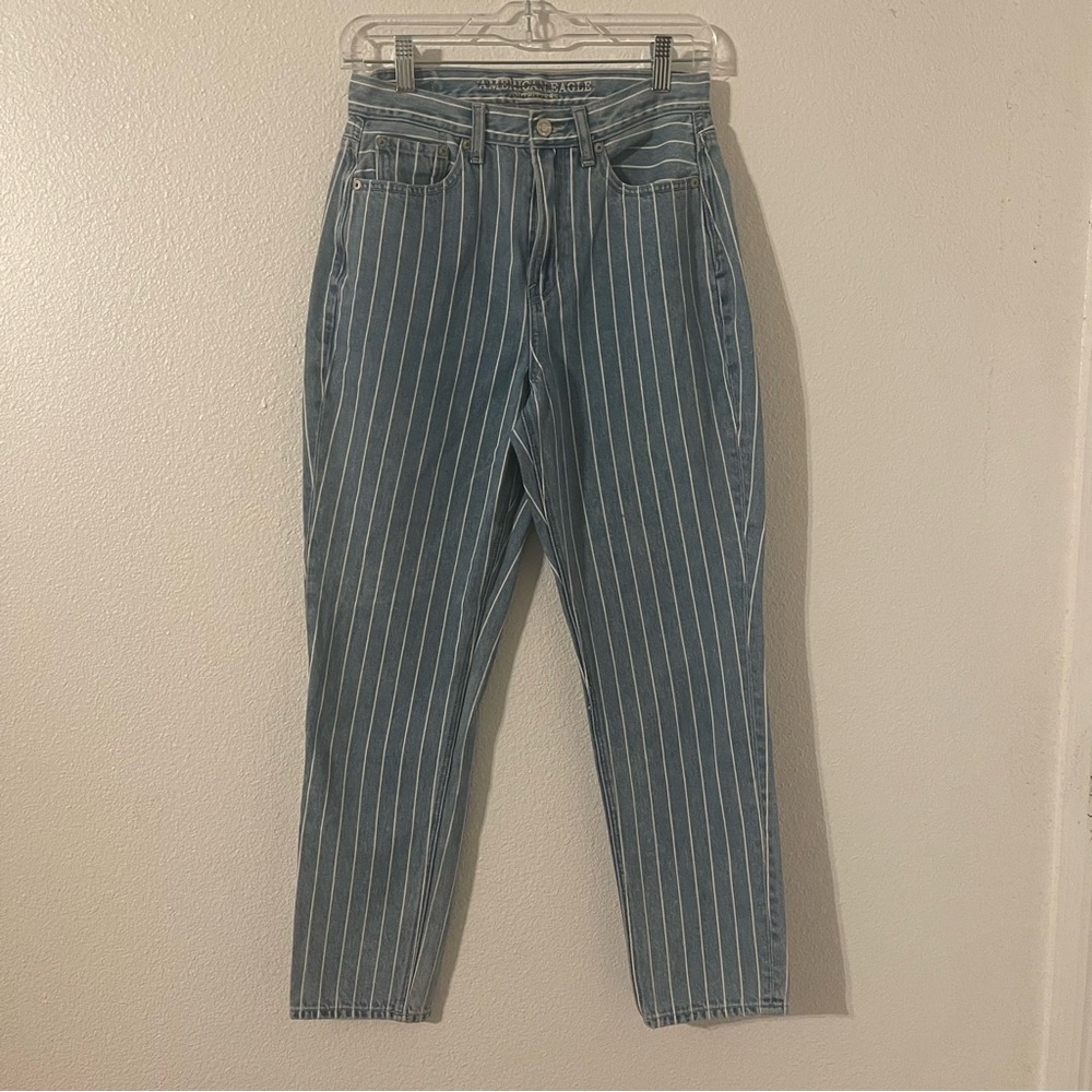 American Eagle Mom Jeans Womens Size 2 Blue Striped 90s Cotton Blend